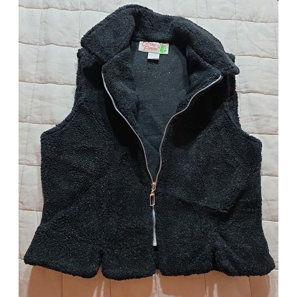 Vintage Cactus Flower Sherpa Vest‎ Womens M Full Zip Pockets Black Teddy 90s Y2K